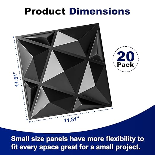 Art3dwallpanels 20 Pack 3D Wall Panels for Interior Wall Decor, 12''x12'' White Accent Diamond Panels for Gaming Room Bedroom TV Background, Black