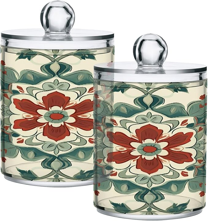 Nander 4Pack Beautiful Colored Mandala Qtip Holder Dispenser -Clear Plastic Apothecary Jars Set - Restroom Bathroom Makeup Organizers Containers for Cotton Swab, Ball, Pads, Floss