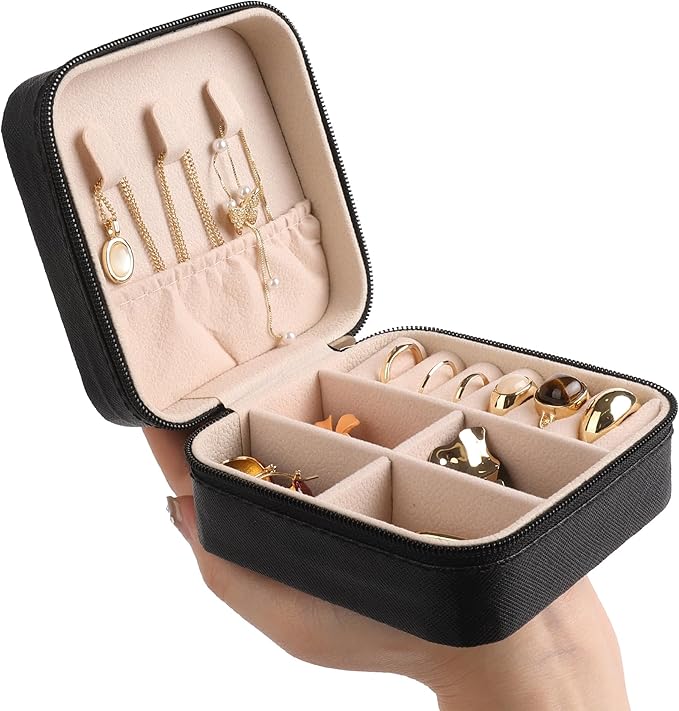 OceeK Travel Jewelry Case, PU Leather Small Jewelry Box,Portable Travel Jewelry Organizer Storage Case,Black,1 Pack