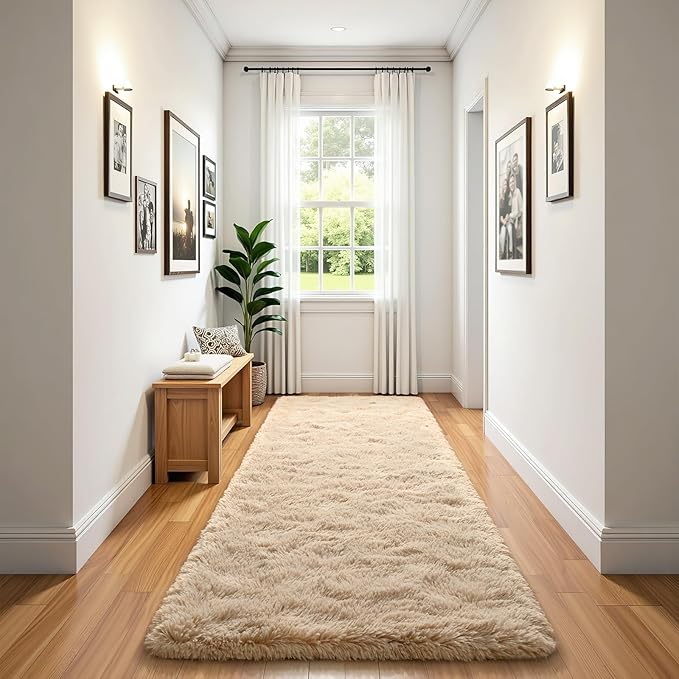 BENRON Soft Runner Rugs for Bedroom 2x8, Washable Long Runners for Hallway Entryway Kitchen Dorm, Fluffy Throw Rug for Kids Girls Room Decor Photo Prop, Light Tan