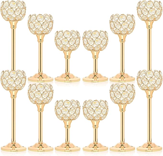 12pcs Bulk Gold Crystal Candle Holder Set, 3 Sizes Tealight Candlestick Holders, Elegant Candelabra for Wedding Table Centerpiece, Fireplace, Home & Living Room Decor