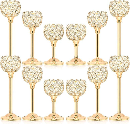 12pcs Bulk Gold Crystal Candle Holder Set, 3 Sizes Tealight Candlestick Holders, Elegant Candelabra for Wedding Table Centerpiece, Fireplace, Home & Living Room Decor