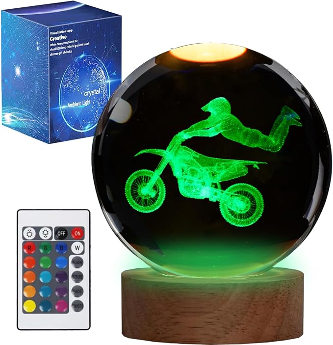 Dirt Bike Night Light, Dirt Bike Gifts, 3D Crystal Ball Dirt Bike Lamp with Remote Upgraded 3.15 Inch with 16 Color for Birthday Xmas Cool Figurines Motor Bike Gifts for Room Decor Boys Girls