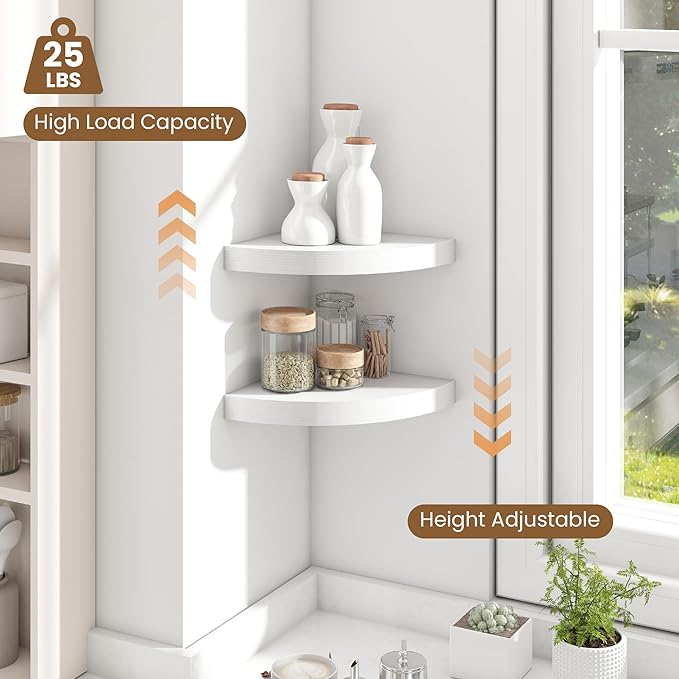 Fun Memories Floating Corner Shelves Set of 2 - Rustic Wood Wall Mounted Storage and Display Shelves for Living Room, Bedroom, Kitchen, Bathroom - Space Saving Home Decor, White