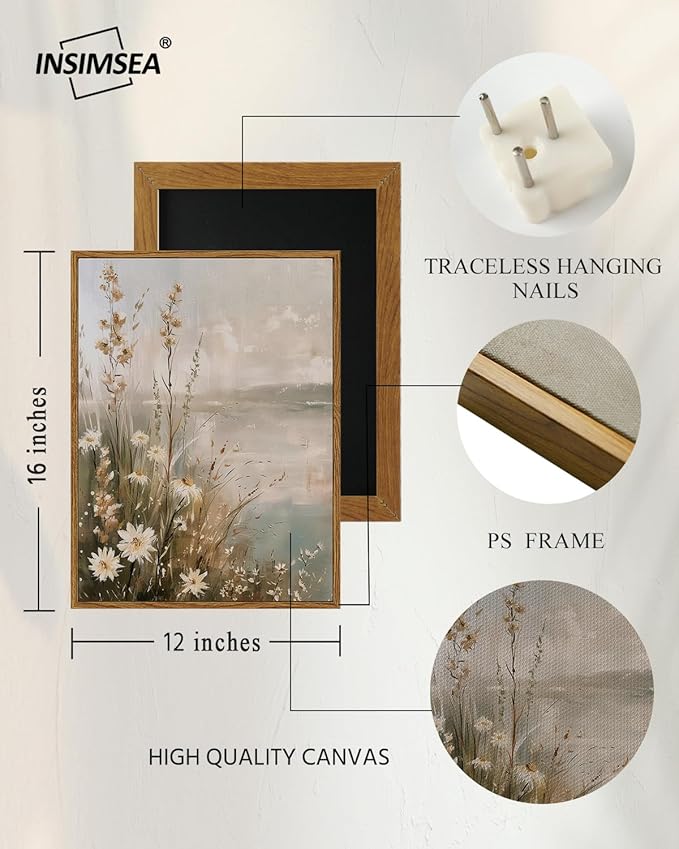 InSimSea Framed Canvas Wall Art Vintage Decor, Wildflowers Landscape Pictures Bathroom Wall Decor Aesthetic, Living Room Bedroom Flower Nature Home Decorations, 12x16inch