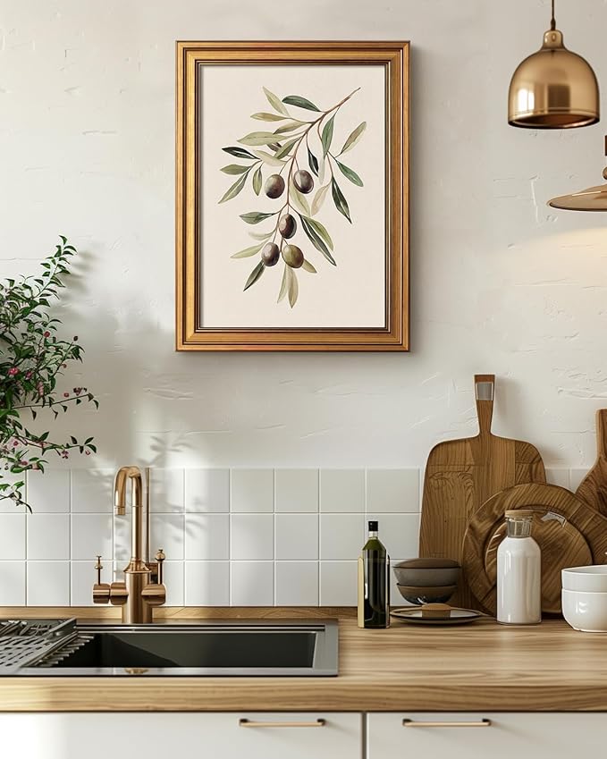 Bzstyleart Vintage Wall Art Decor for Bedroom, Watercolor Olive Branch Botanical Wall Art, Gold Framed Artwork, Vintage Botanical Prints, Room Decor Aesthetic for Kitchen, 12 x 16 Inch