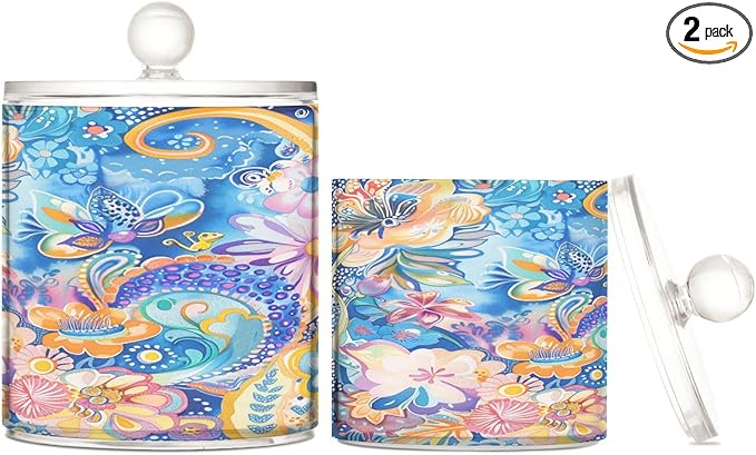 Boho Psychedelic Blue Bloom Clear Plastic Makeup Organizer Storage with lid Office Essentials Decorative Dental floss storage jar for Cotton Swabs,Cotton Pads,Floss Picks,Paper Clips,Hair