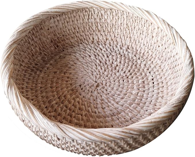 Wash White Round Rattan Bowl Basket,White Decorative Handmade Wicker Key Holder, Decorative Woven Rattan Basket Tray with Wrapping Edge and 2 Inch Deep Wall,7.9"x2.4"