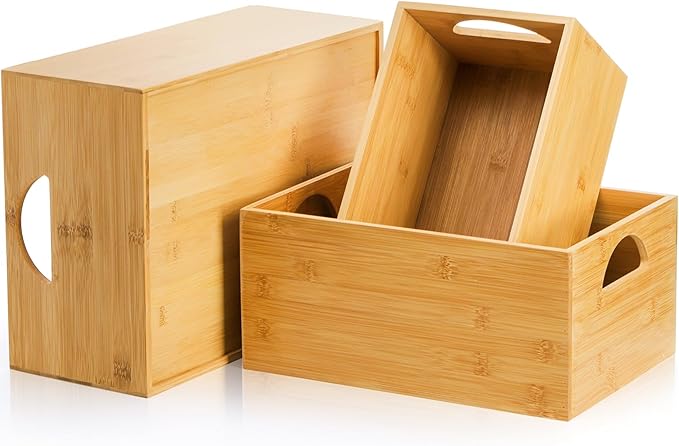 DEAYOU 3 Pack Bamboo Storage Bin, Bamboo Storage Box Crate, Natural Nesting Organizer, Stackable Cubby Basket Container Holder with Handle for Display, Book, Toy, Snack, Decor, Modular Open, 3 Sizes