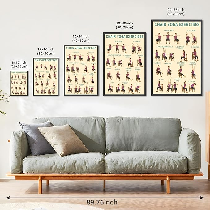 Licpach Chair Yoga Exercises Poster Fitness Instruction Canvas Print Wall Art Wellness Chart for Seniors Over 60 Senior Stretching Workout Guide for Office Desk Home Gym Studio 16x24inch Black Frame