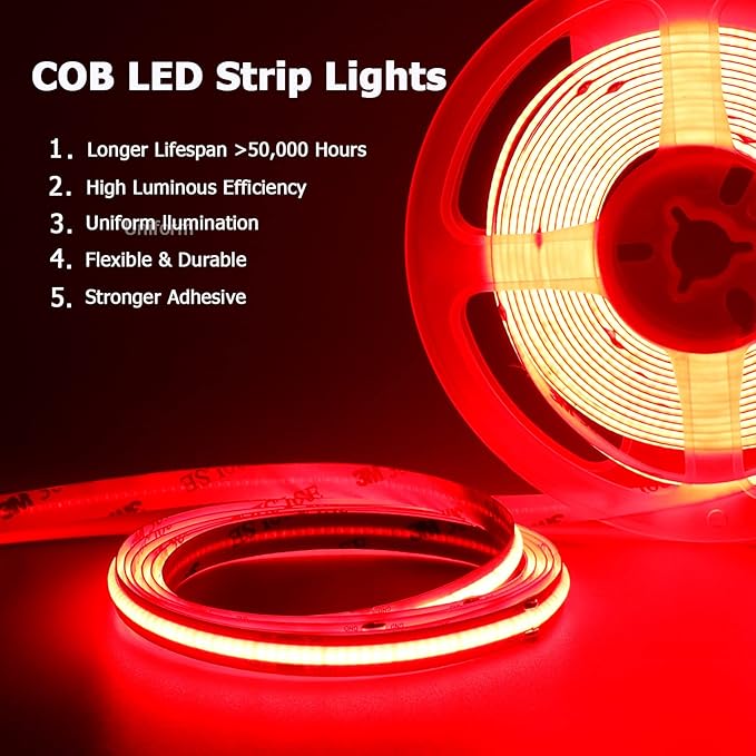 TOPAI 24V Red COB LED Strip Waterproof IP65 Outdoor 16.4ft Super Bright Dotless High Density 480LEDs/M Cuttable Flexible LED Tape Light for Cabinet Home DIY Lighting Projects