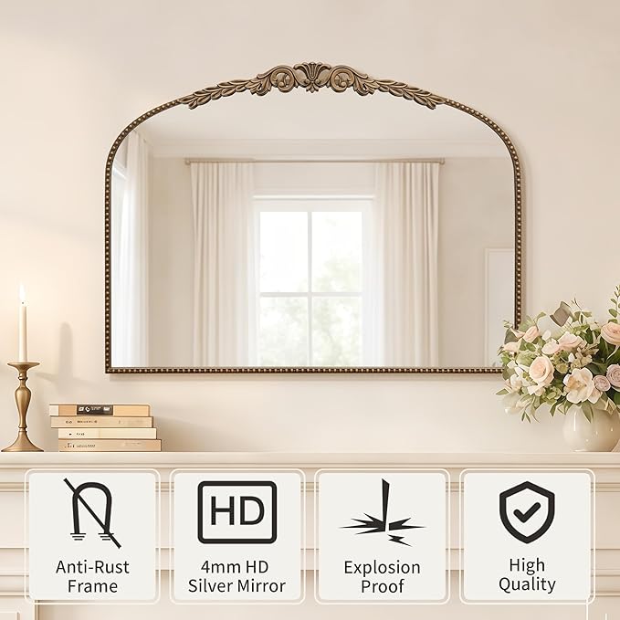 Besdomus Gold Vintage Vanity Mirror: 24"x 32" French Baroque Arched Mirror - Traditional Ornate Antique Mirrors for Wall/Dresser/Mantel/Bedroom/Entryway/Bathroom/Hallway - Home Decor for Living Room