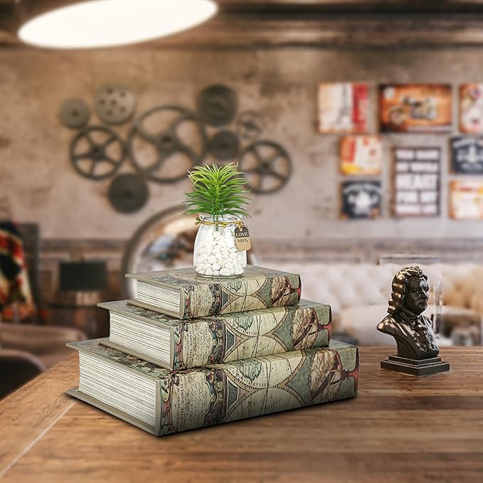 Decorative Wooden Book Boxes Set of 3, World Map Pattern, Antique Look with Magnetic Leather Cover, Hidden Secret Storage for Jewelry, Keepsakes, and Gifts
