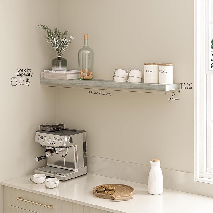 Ballucci Floating Shelf, 48" Wood Wall Shelf with Invisible Brackets for Bathroom, Living Room, Bedroom, Kitchen, Nursery, 8" Deep, Rustic Gray