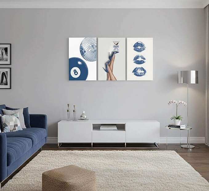 3Pcs BlueTrendy Aesthetic Canvas Wall Art,Fashion High-Heeled Shoe Print Posters,Lucky 8 Ball Lip Pictures,Y2K Stylish Wall Decor for Girls' Bedroom Dorm Apartment. 24x16in Framed