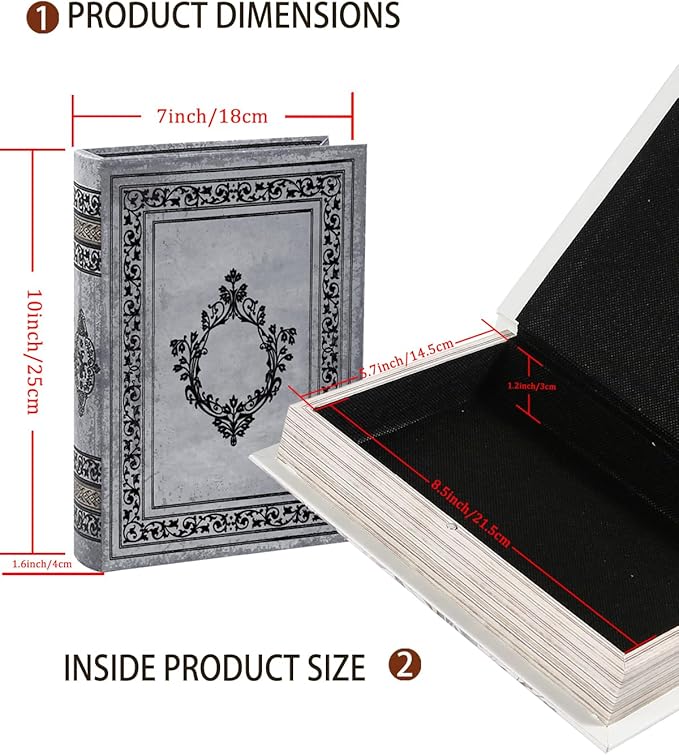 Decorative Wooden Book Box - Vintage Faux Book Boxes for Home Decor, Secret Storage with Magnetic Closure, Antique Style, Grey Leather Cover Design, Perfect for Home Office Bookshelf 10x7x1.6 Inches