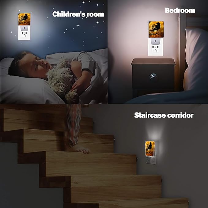 Halloween New Moon Raven Night Light Plug in Wall Lamp Smart Dusk to Dawn Sensor for Home Decorations, Kids Room Bedroom Bathroom Kitchen Hallway Gifts