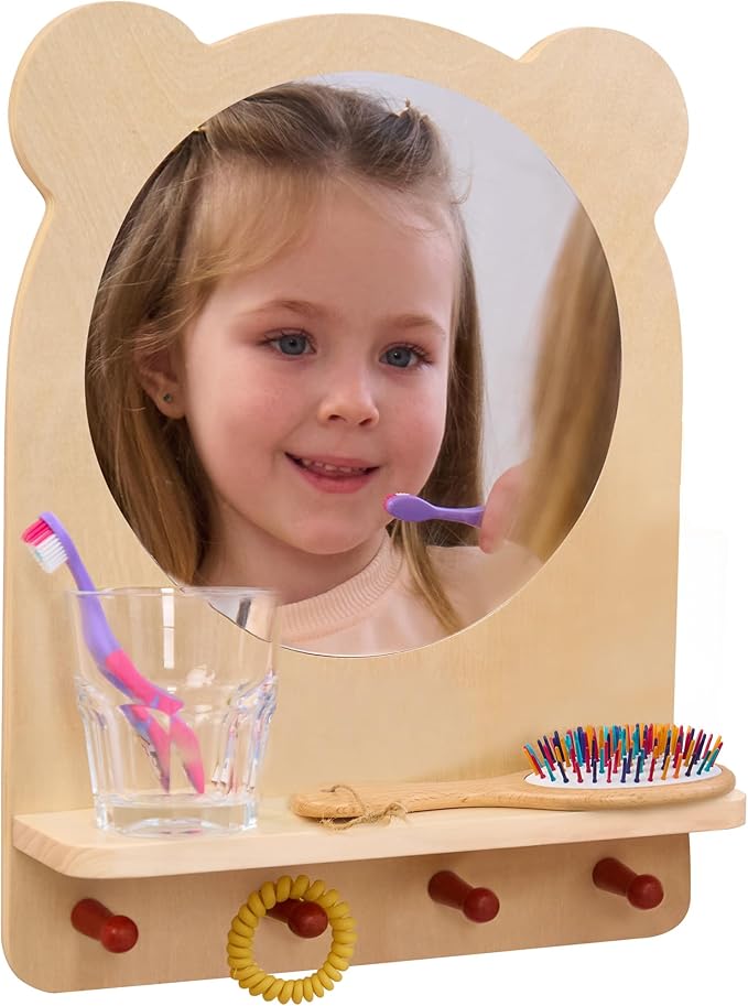 ODOXIA Toddler Self Care Station | Montessori Shelf with Hooks and Mirror | Montessori Bathroom Station | Mirror with Shelf and Hooks | Bathroom Organizer for Kids | Encourage Independence