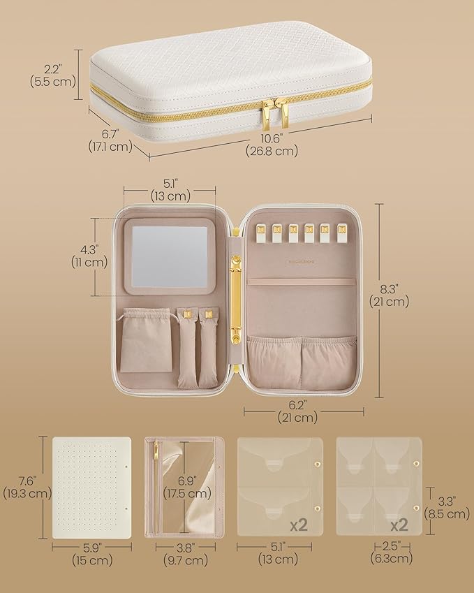 SONGMICS HOME Travel Jewelry Case, Jewelry Organizer Box with Mirror, Jewelry Pouch, Woven Embossed PU Leather, Hard Shell, Large Capacity, Gift Idea, Cloud White UJBC204W01