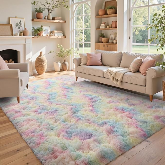 6x9 ft Fluffy Rainbow Area Rug for Bedroom Soft Fuzzy Living Room Rug Non-Slip Shag Rugs Carpet for Nursery Kids Play Room Dorm Office Indoor Modern Plush Carpets