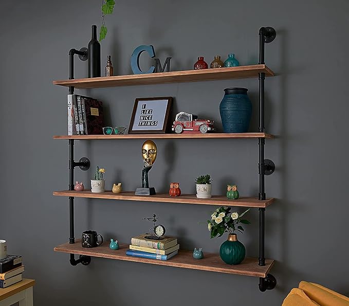HDDFER Floating Bookshelf Shelves Industrial Pipe Shelving Floating Pipe Shelf with Wood Planks 48 inch Industrial Wall Shelves Rustic Hanging Bookshelf Farmhouse Kitchen Shelving