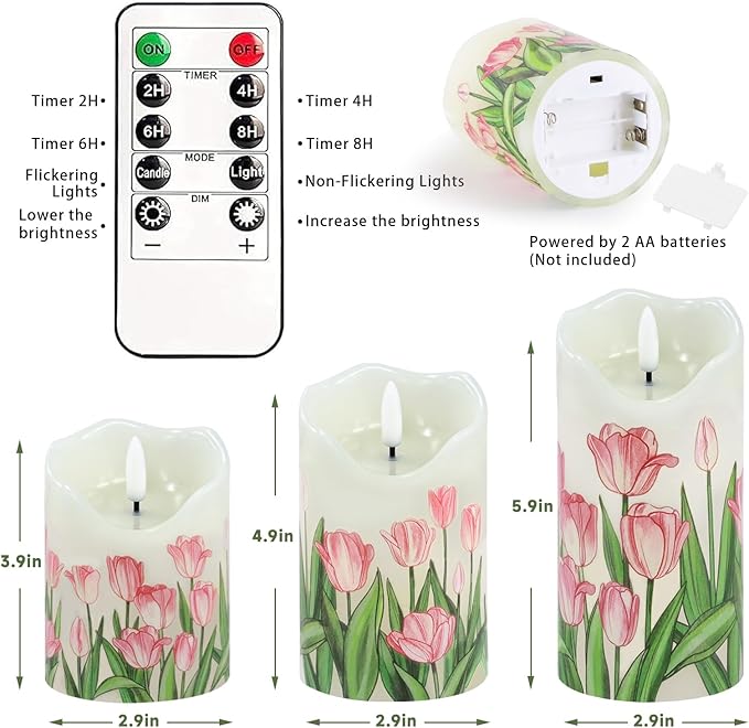 Flameless Candles Light, Set of 3 Flickering Tulip Pillar Candles with Remote & Timer, Dimmable Real Wax Electric LED Candles Battery Operated, Birthday Gift Mother's Day Gift for Mom Grandma Women