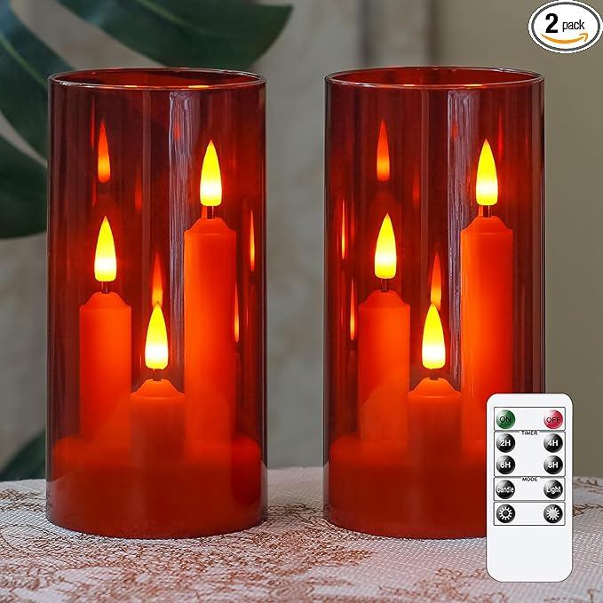 3 in 1 Flameless Taper Short Candles with 10 Key Remote Control and Timer, Battery Operated Pack of 2 LED Acrylic 3" x6" Red Pillar Flickering Warm Light