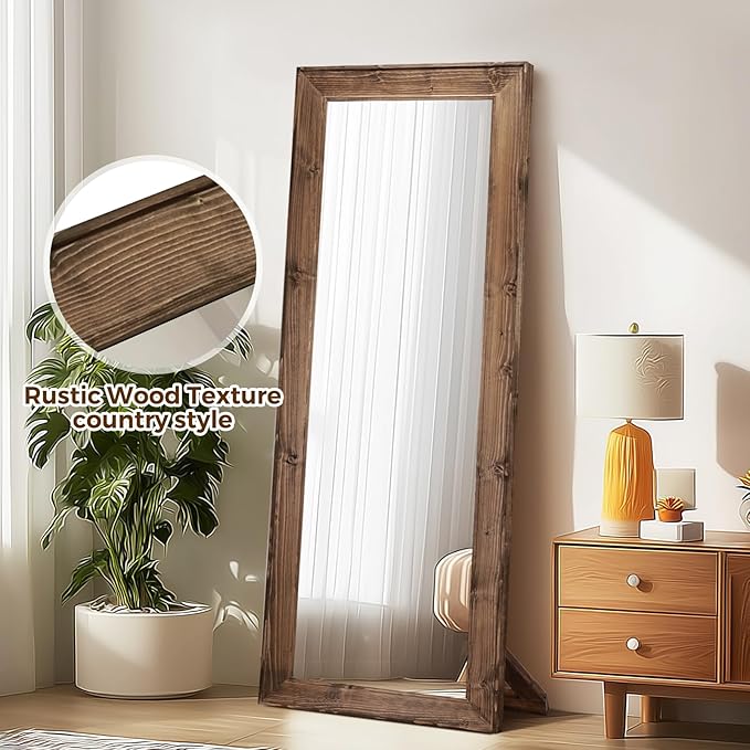 Full Length Mirror 65"x22" - Beveled Edge Rustic Brown Dressing Mirror, Solid Wood Frame, Wall Mounted or Standing for Bedroom, Entryway, Living Room