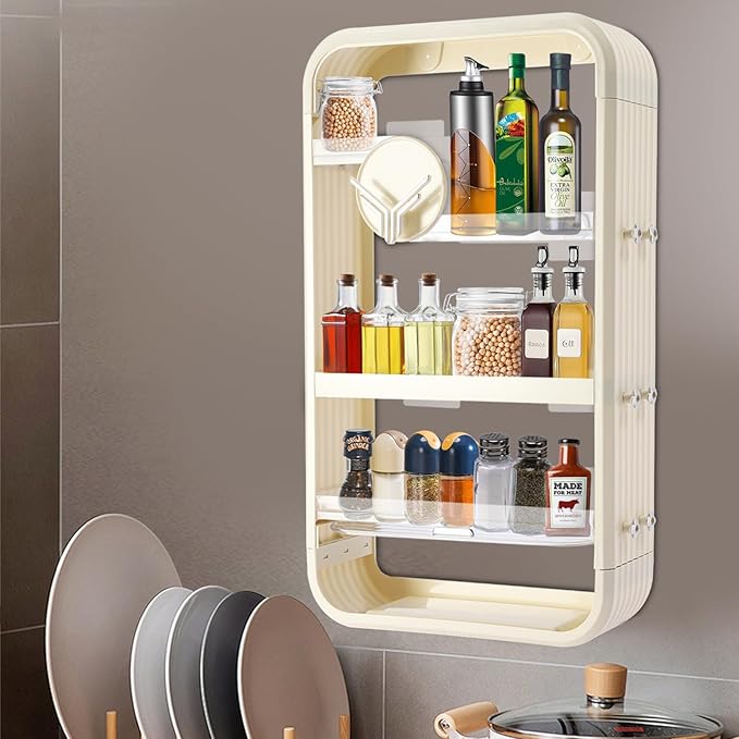 4 Tier Makeup Organizer Bathroom Storage Organizer Wall Mounted for Vanity Perfume Organizers Hangable Cosmetic Organizer Display Cabinet Skincare Storage Rack,Beige and Transparent