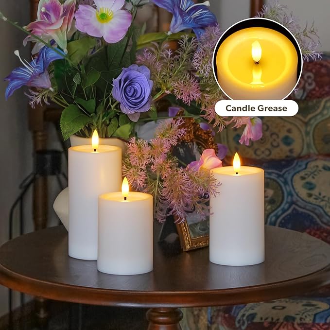 Yeelida Outdoor 6pcs Flameless Waterproof Candles with Handy Remote Control, Cycle Timer Battery Operated Candle Grease Effect LED Flickering Pillar Plastic Long Lasting (White, 3" x4" 5" 5" 6" 6" 7")