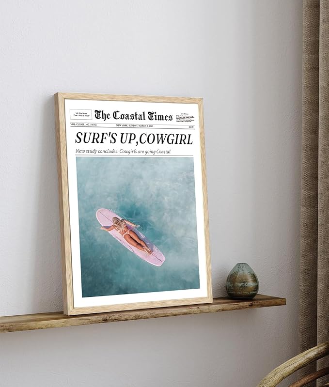 Bwodke OAK Wood Framed Wall Art Coastal Trendy Cowgirl Canvas Art Vintage Newspaper Pictures Wall Decor Surfer Up Vintage Bar Cart Prints Trendy Artwork for Girly Dorm Bedroom 12"x16"