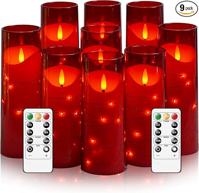 Eebuss Flameless Candles with Embedded Star String, Battery Operated LED Pillar Candles with Timer and Remote Control,Home Decorating for Ambiance， Set of 9 (Red)