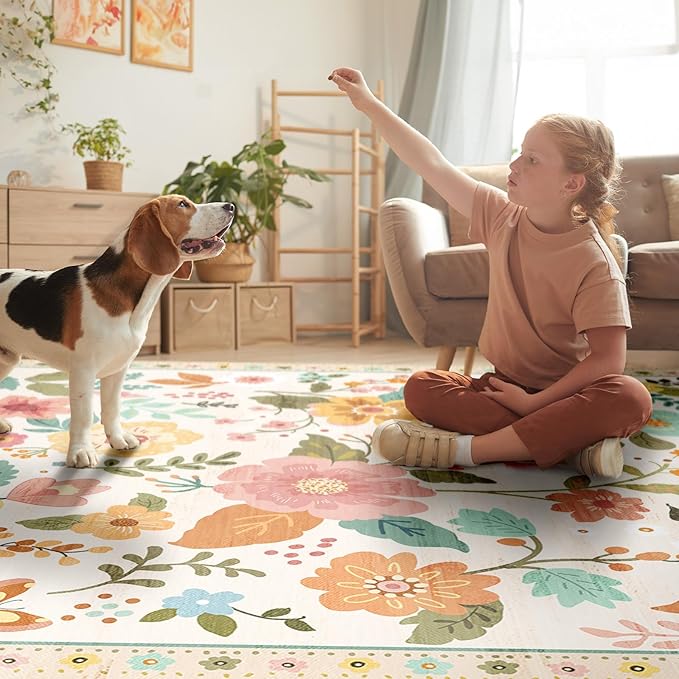 RELEANY Floral Nursery 2x10 Area Rugs Washable Print Boho Cute Carpet Non Slip Flower Low Pile for Living Room Kids Girls Playroom Bedroom Kitchen Office Farmhouse-Beige/White/Orange