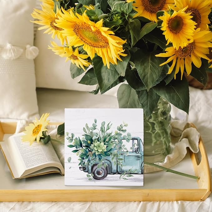 Farmhouse Spring Eucalyptus Leaves Wooden Box Sign Decor, Botanical Truck Wooden Block Plaque Sign Decoration for Shelf Table Farmhouse Tiered Tray Decor, 5x5