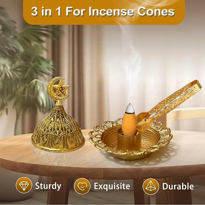 Majewel 3 in 1 Incense Holder, Vintage Incense Holders for Sticks with 9 Holes, Incense Burner Ash Catcher, Brass Incense Stick and Cone Burner for Meditation, Yoga, Home Decor (Star)