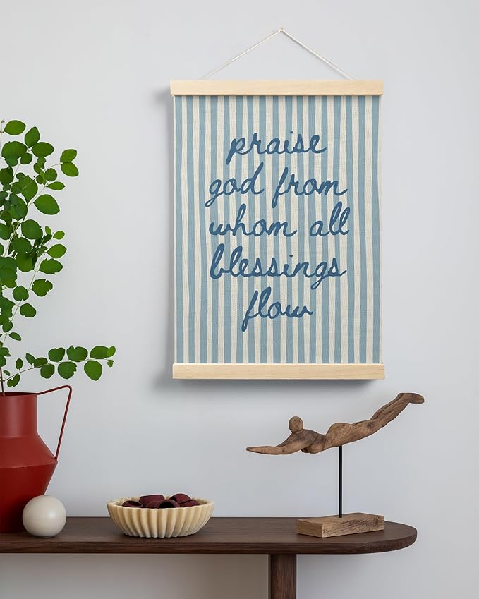FGFK Trendy Blue Christian Wall Art Poster Hanger Frame, Trendy Striped Praise God From Whom All Blessing Flow Bible Verse Scripture Canvas Prints Framed Wall Decor for Room Home Dorm, 12x16 Inch