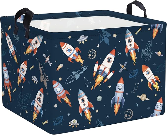 Clastyle Cosmic Space Kids Book Storage Basket Planet Clothes Laundry Basket Parents Gift Toy Box for Bedroom Shower, Rocket, 40x30x30 cm