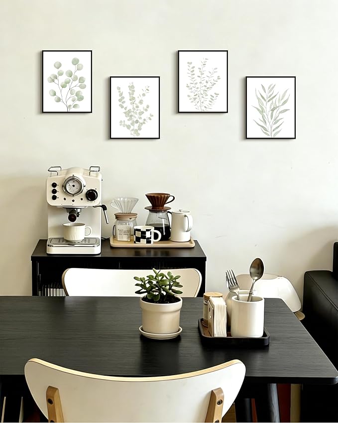 Drsoum Botanical Plant Framed Wall Art Boho Wall Decor for Bathroom Sage Green Eucalyptus Leaf Prints Minimalist Aesthetic Ready to Hang Set of 4, 8x10 in (Black Framed)