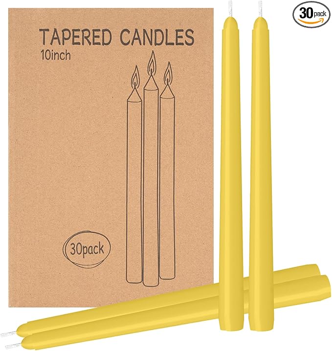 LYOBATH 30 Pack Yellow Taper Candles - Taper Candles 10 Inch Dripless, Smokeless & Unscented - 8 Hours Long Burning - Ideal for Weddings, Dinner Parties, and Home Decor