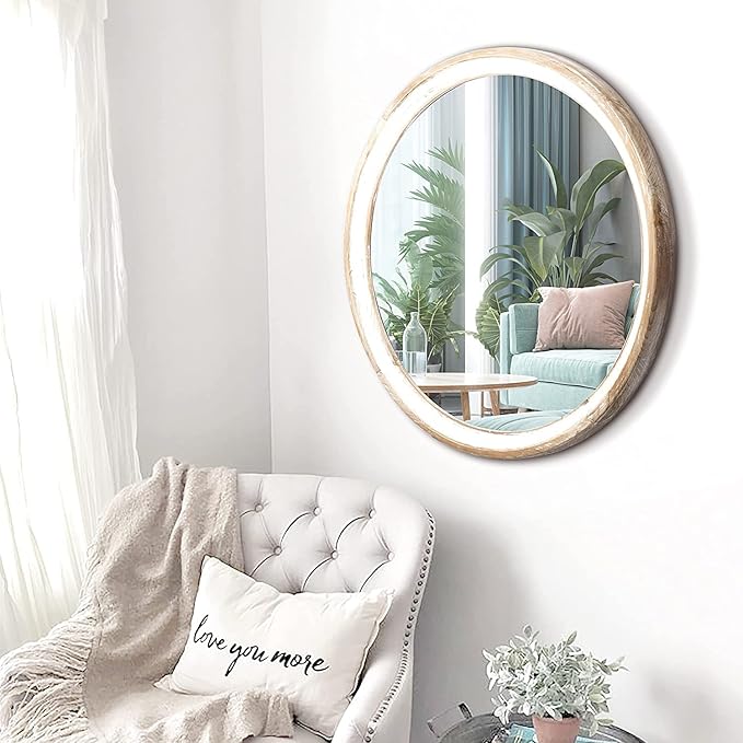 Reflinto 24 Inch Rustic Farmhouse Round Wall Mirror for Home Decor, Washwhite Wooden Circle Decorative Mirrors for Bathroom Over Sink, Bedroom, Entryway, Living Room, Kithen, Office