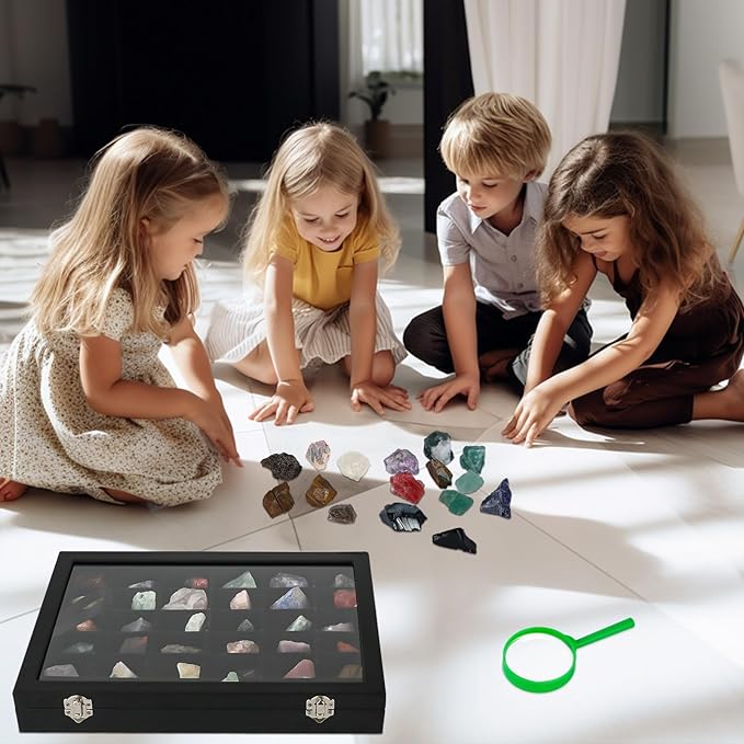Rock Collections Box for Kids - PU Leather Rock Display Case with 36 Grid - Storage & Display Shelf for Collectibles