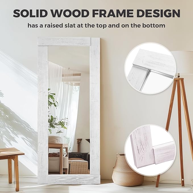 Full Length Mirror 65"x24" – Solid Wood Frame, HD Tempered Glass, Wall Mounted & Leaning, Rustic Modern Decor for Bedroom, Living Room, Entryway, White
