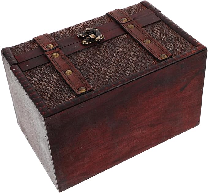 POPETPOP Wooden Jewelry Box with Woven Texture Vintage Keepsake Case Decorative Desktop Storage for Necklaces Bracelets Makeup Organizer Brown