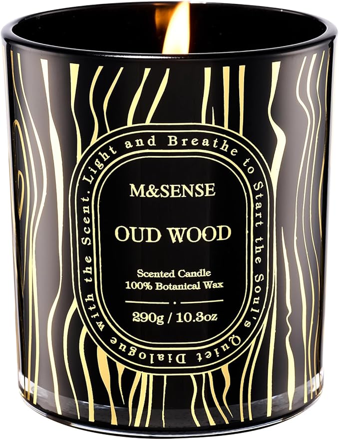 M&SENSE Oud Wood Scented Candle, Natural Soy Candles for Home Scented Non-Toxic, Calm Relax Home Decor, 55 Hours Long Burning 10.3oz, Luxury Housewarming Gifts