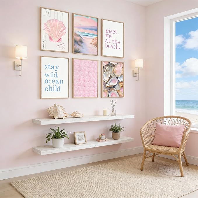 6Pcs Pink Beach Preppy Wall Art Prints Coastal Granddaughter Aesthetic Wall Decor Pictures Summer Oyster Shell Meet Me At The Beach Posters for Girly Bedroom Dorm Apartment Home Decoration 8x10in