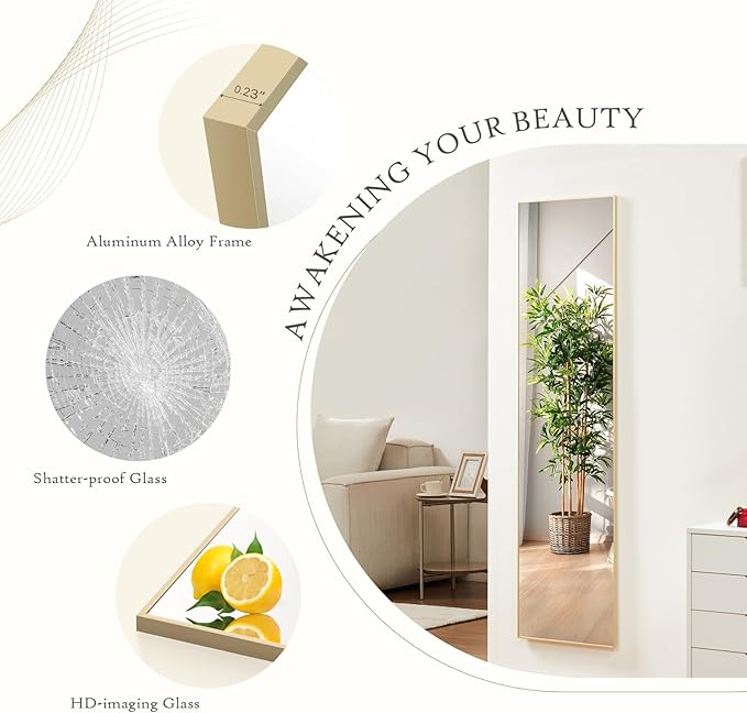 Mirror Full Length, Upgraded Body Wall Mirrors with Shatter-Proof Glass, Floor Standing, Hanging or Leaning, Tall Mirror with Stand Aluminum Alloy Frame for Bedroom