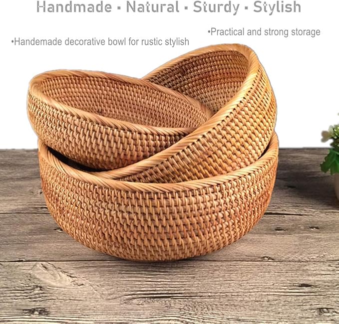 Hadewoven Round Rattan Fruit Basket Wicker Food Tray Weaving Storage Holder Dinning Room Bowl, 8 Inch Small Bread Baskets Tray for Serving with Deep Wall, Brown (Small 7.48”)