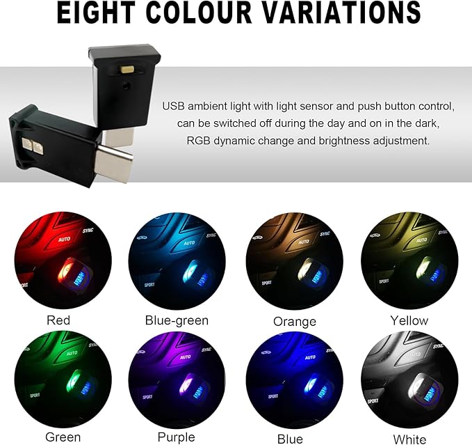 DXNQ USB Type C LED Ambient Light, 8 Colors RGB Dynamic Atmosphere Lamp Car Interior Decor USB Night Light, Adjustable Bright Plug-in Mini Ambient Lighting Kit for Car Laptop