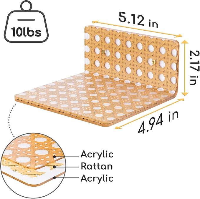 QsQueen Boho Acrylic Wall Shelves 2 Pack, Small Floating Shelf with Rattan Pattern, Clear Display Ledges for Funko Pop Figures, Plants, Perfume & Home Decor, Wall Mount for Bedroom, Living Room