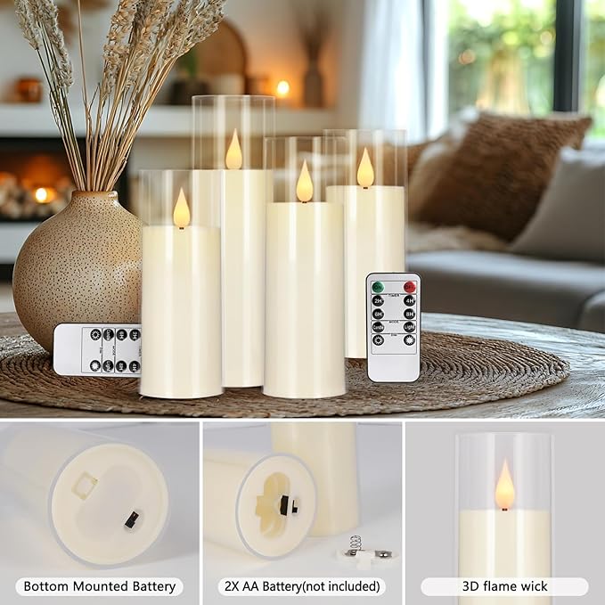 YOROXRG Flickering Flameless Candles Battery Operated with Remote,Led Pillar Candles with Realistic Moving Wick Candles for Halloween,Christmas,Home Decor Pack of 24 (D2.2 xH 5" 6" 7")(Ivory)